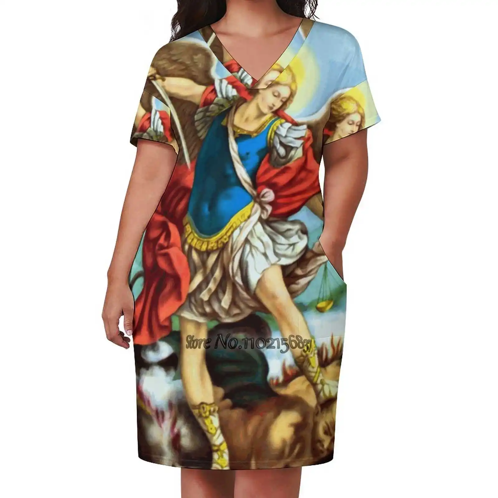 St Michael The Archangel Angel Catholic Saint V-Neck Short Sleeve Dress A-Line Skirt Women'S Clothing Office Lady Elegant Skirt