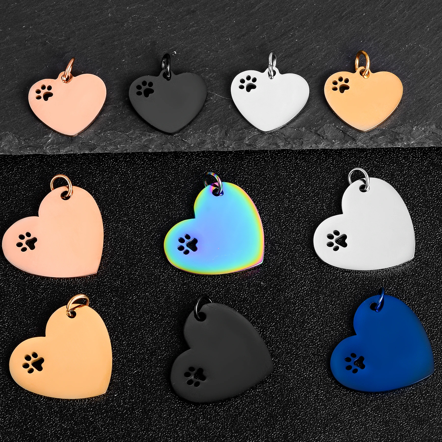 6Pcs/Lot Mirror Polished Hollow Paw Heart Tags Stainless Steel Pendants For Customize ID Charm Jewelry Making