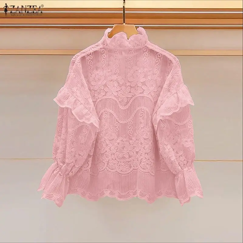 

ZANZEA Women Fashion Lace Blouse 2026 Spring Long Sleeve Ruffled Shirts Casual Solid Color Tops Tunic Elegant Office Clothing