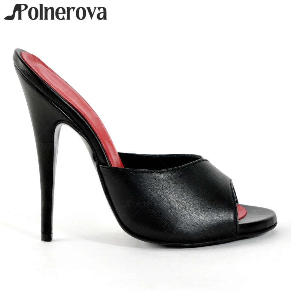 

14cm Black Leather Mules Sexy Style Covered High Heels Round Peep Toe Handmade Summer Slippers Customizable Large Size Mules