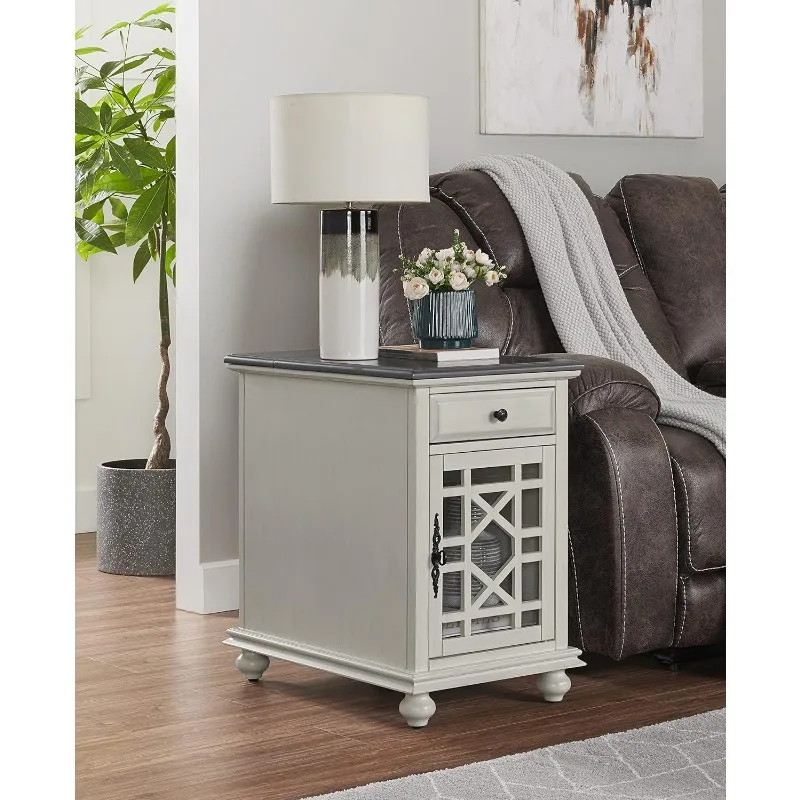 Elegant Chairside End Table with Power, White with Grey Top