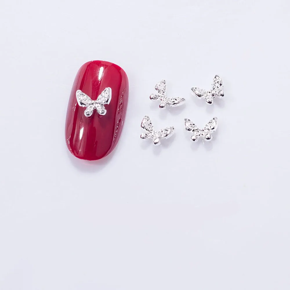 Mini Liga Borboleta Nail Art Charme, Jóias DIY, 3D, Prata, Ouro, Diamante, Kawaii Acessórios, 10Pcs