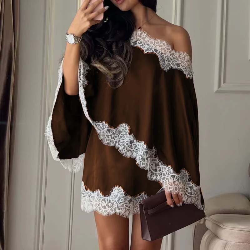 Sexy Off Shoulder Top & Wrap Hip Skirt Outfit Elegant Lace Patchwork Satin Mini Skirt Suit Women Casual Batwing Sleeve Loose Set