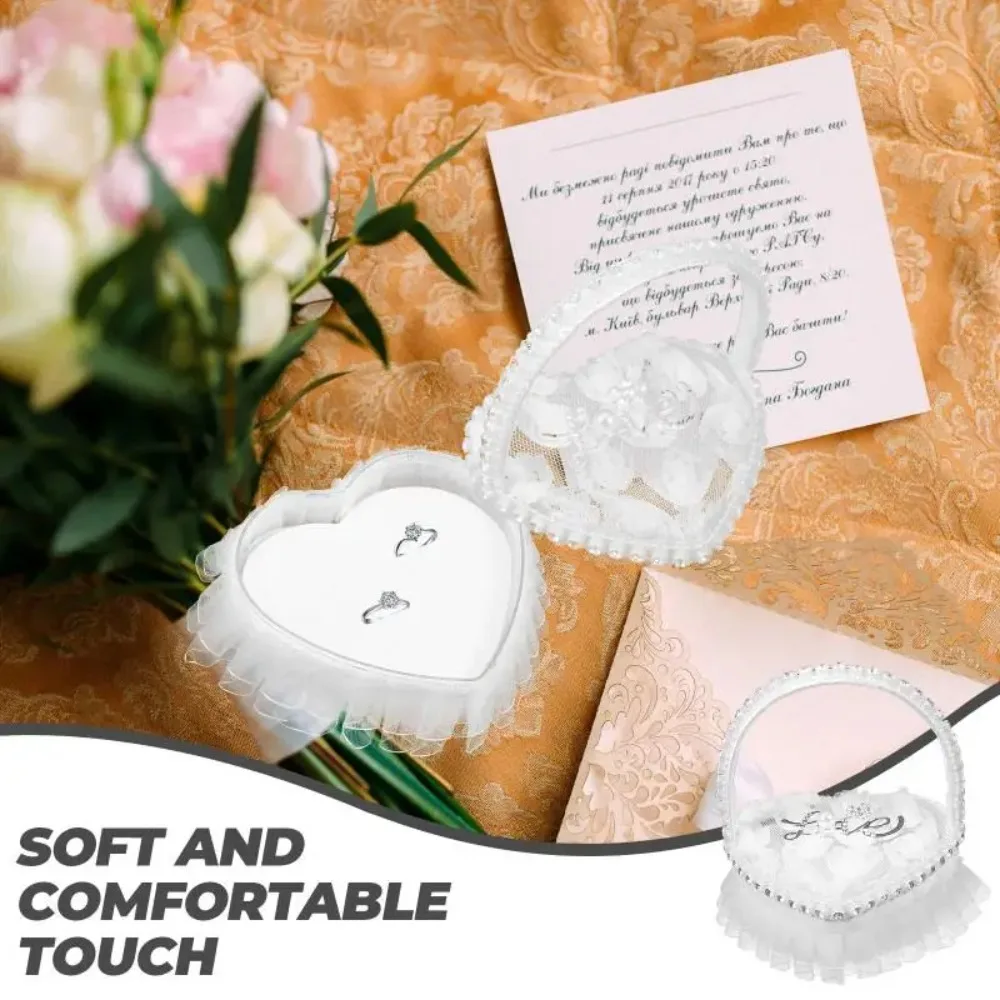 White Lace Heart-shaped Ring Box Bow-knot Satin Material Ring Pillows Case Mini with Handle Wedding Ring Pillows view 2