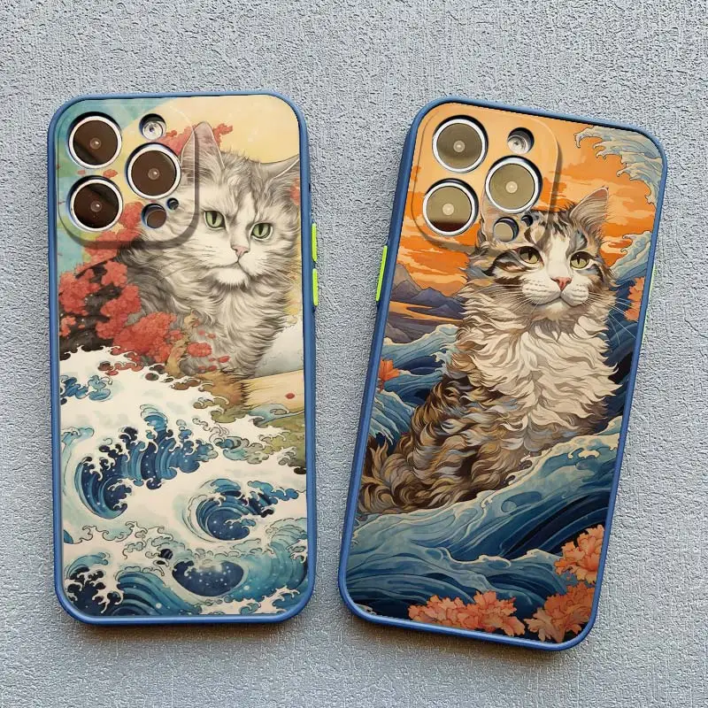 Sea Waves And Cat Phone Case For iphone 7 8 Plus SE2 15 16 Plus 13 12 Mini X XR XS 15 11 12 13 14 Pro Max Shockproof Back Cover