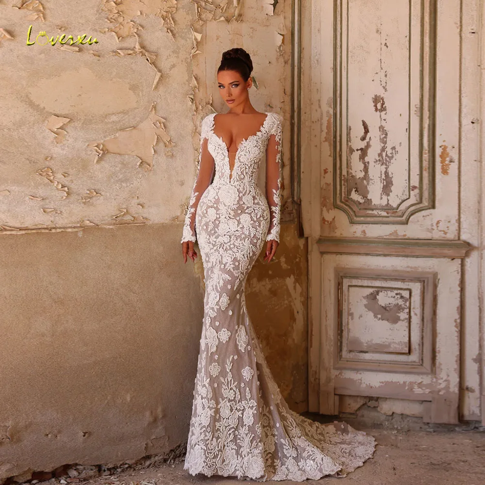 

Loverxu сексуальные свадебные платья русалки для женщин с зубцами Vestido De Novia, кружевная вышивка, простые свадебные платья на заказ