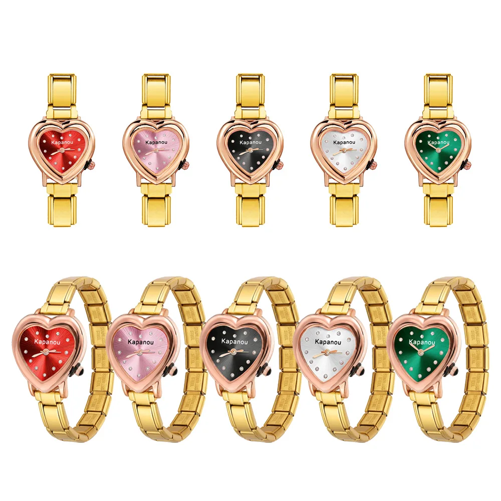 Colorful Trendy Quartz Heart Watch Dial & Connector Fit 9mm Stainless Steel Italian Charm Link Xmas Jewelry for Women Men Gifts
