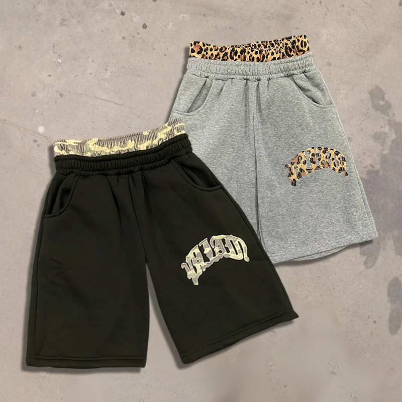 

Leopard Camouflage Print Waistband Sweat Shorts Men Casual Loose Fit Heather Grey Summer Streetwear Shorts with Embroidered Logo