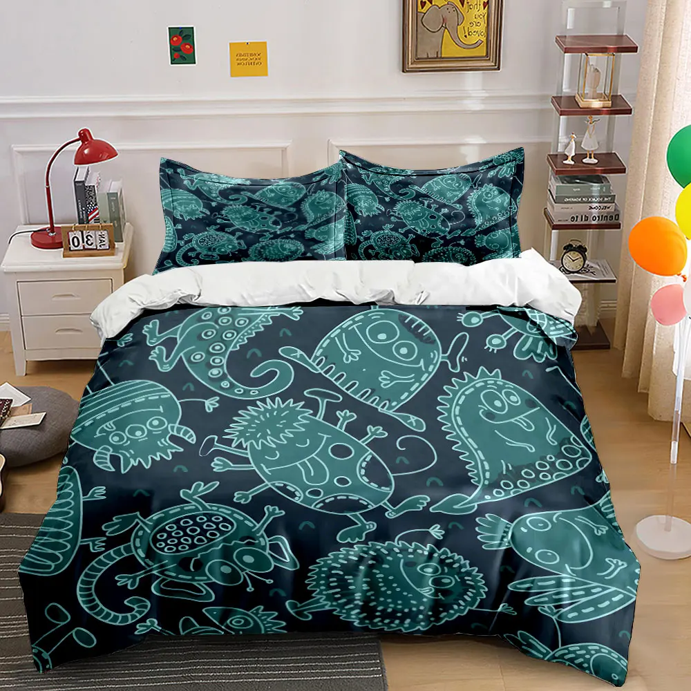 Whimsical monsters cartoon pattern. Print Bedding Set 1 Duvet Cover 2 Pillowcases for Adult and Children Luxury Gift Full Size