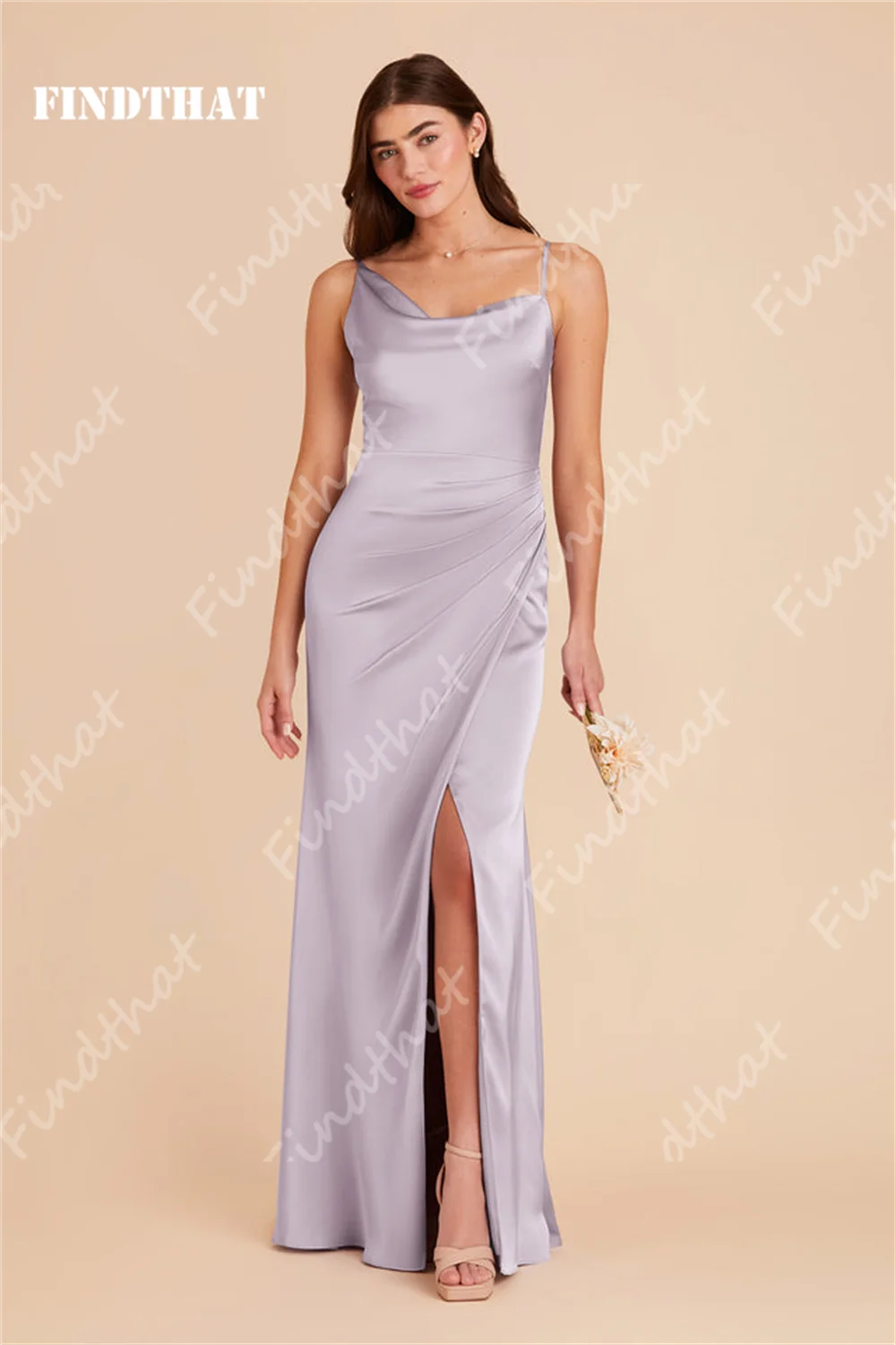 Findthat Simple Bridesmaids Prom Dresses 2024 Spaghetti-Straps Ruched Satin Side Slit Party Evening Gowns Wedding Guest Dresses