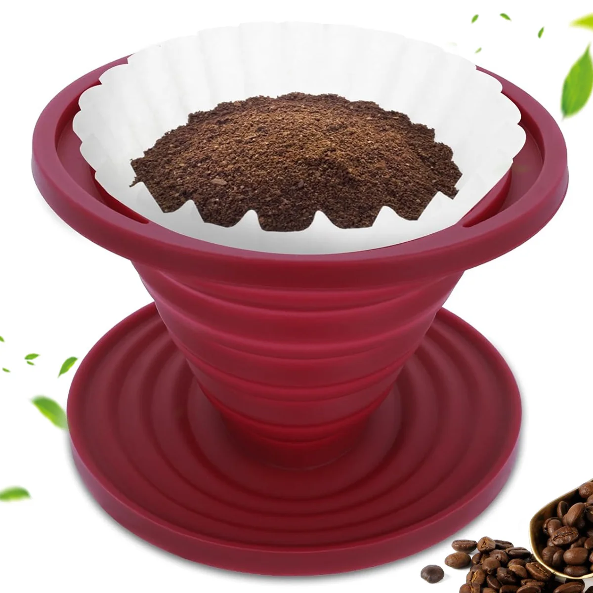 Pour Over Coffee Dripper-Collapsible, Reusable Silicone Coffee Filter Cone, Makes One to Two Cups of Strong Brew for Camping