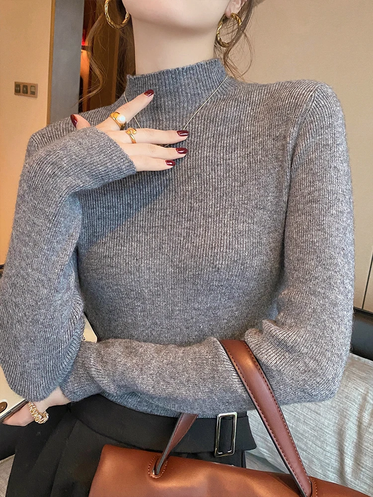 Knitted Sweater Women Pullover Half Turtleneck Jumper Female Sweater Autumn Winter Solid Slim Chic Streetwear Long Sleeve Tops