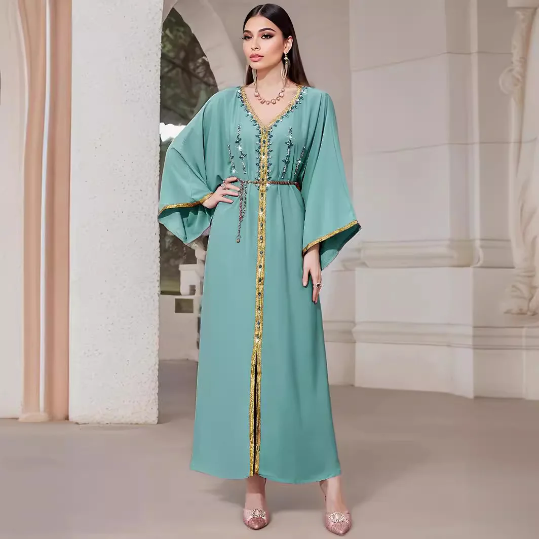 BA7061 Bean Green Handmade Sewn Diamond Tourism Sleeveless Dress Robe Abaya