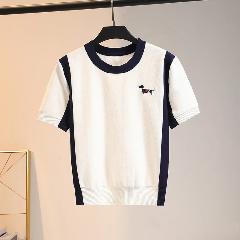 Ice Silk Embroidered Dog T-irt Women's Summer 2024 ort Sve Overhead round Ne Knitwear Faionable Commute Sle