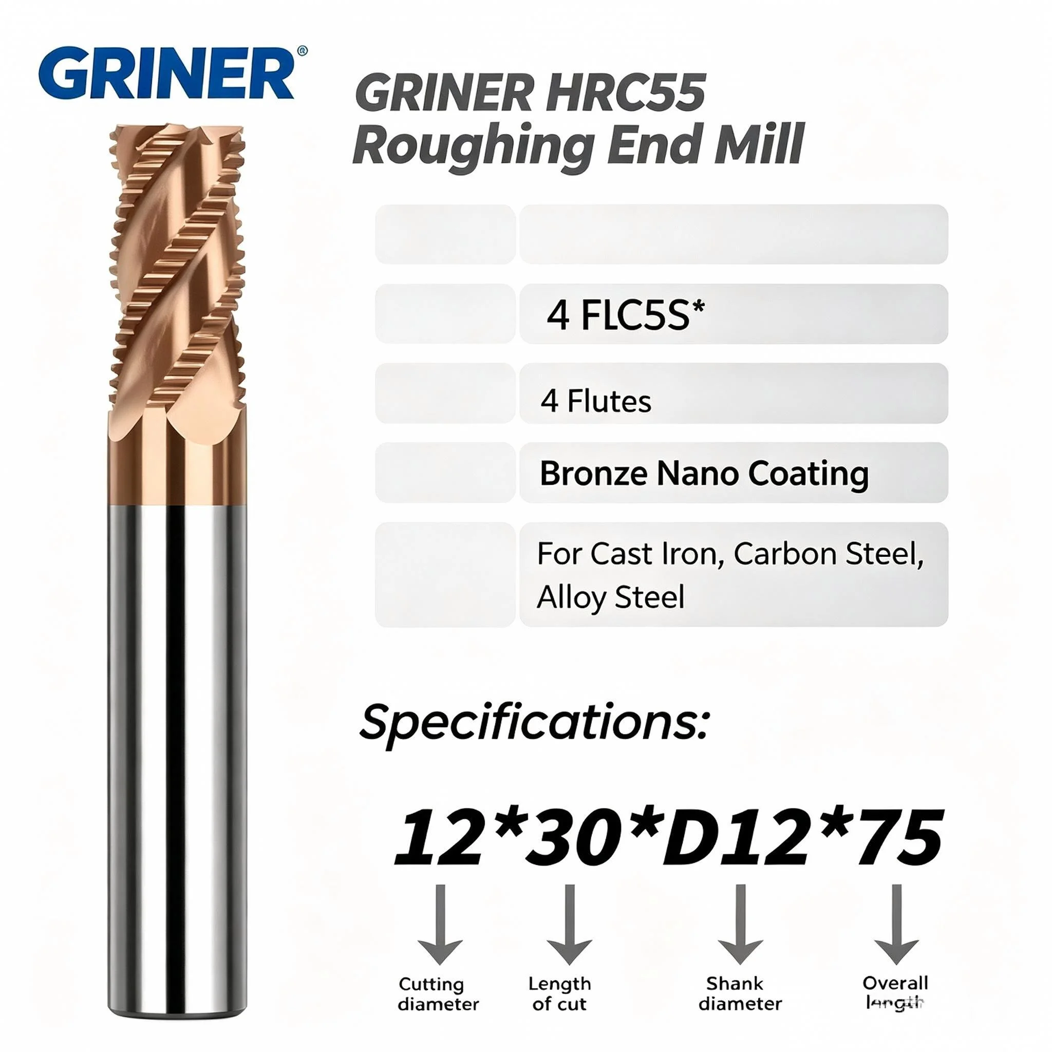 GRINER 3 Flute Extra Long Roughing End Mill HSS‑CO / Solid Carbide Corrugated Wave Edge Milling Cutter For Aluminum Alloy CNC Ro