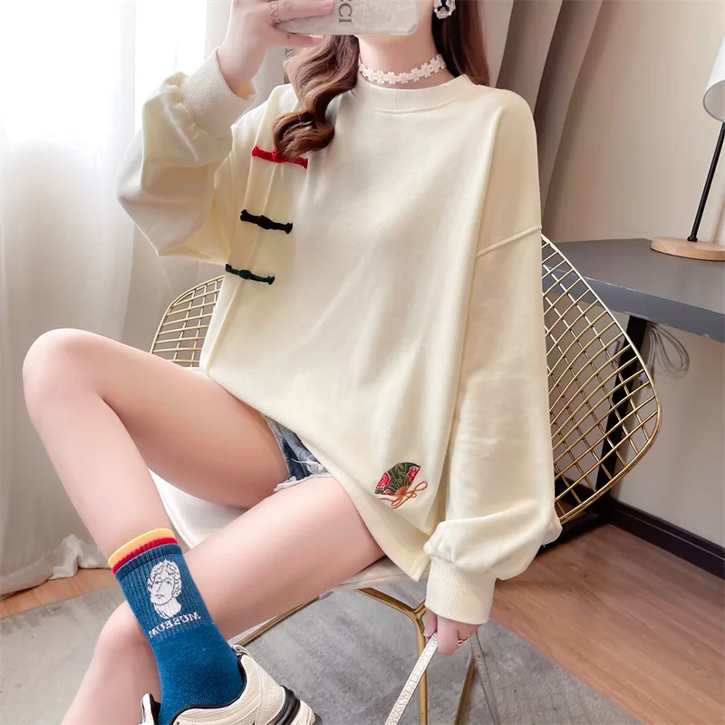 Chinese Style Pullover Sweatshirt Women Vintage Embroidery Loose Long Sleeve Pull Tops Fashion Spring Autumn Casual Sweat Shirt