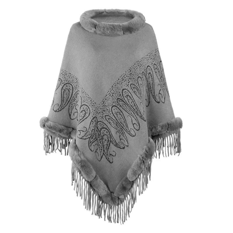 Chales de invierno con Cuello de piel para mujer, capa estampada con borlas, Ponchos, capa gris, nuevo