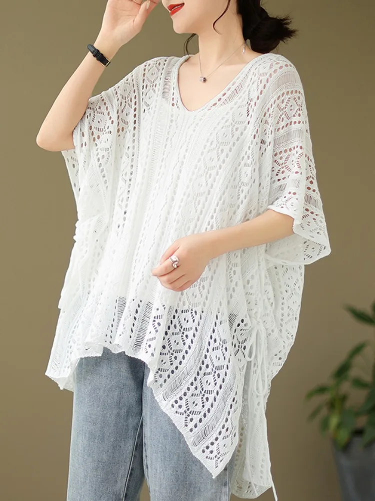 

Sheer Crochet Cover Up Tucnic Tops for Women Drawstring Side Openwork Knit Pullover Summer Coverups Boho Beach Vacation Outfit