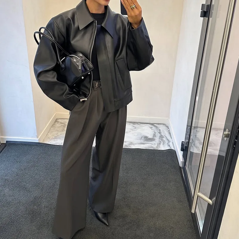 2026 Fashion Commuting High End Sense Turn Down Collar Pu Leather Jacket Women Spring New Loose Coat Black Versatile Slim Fit