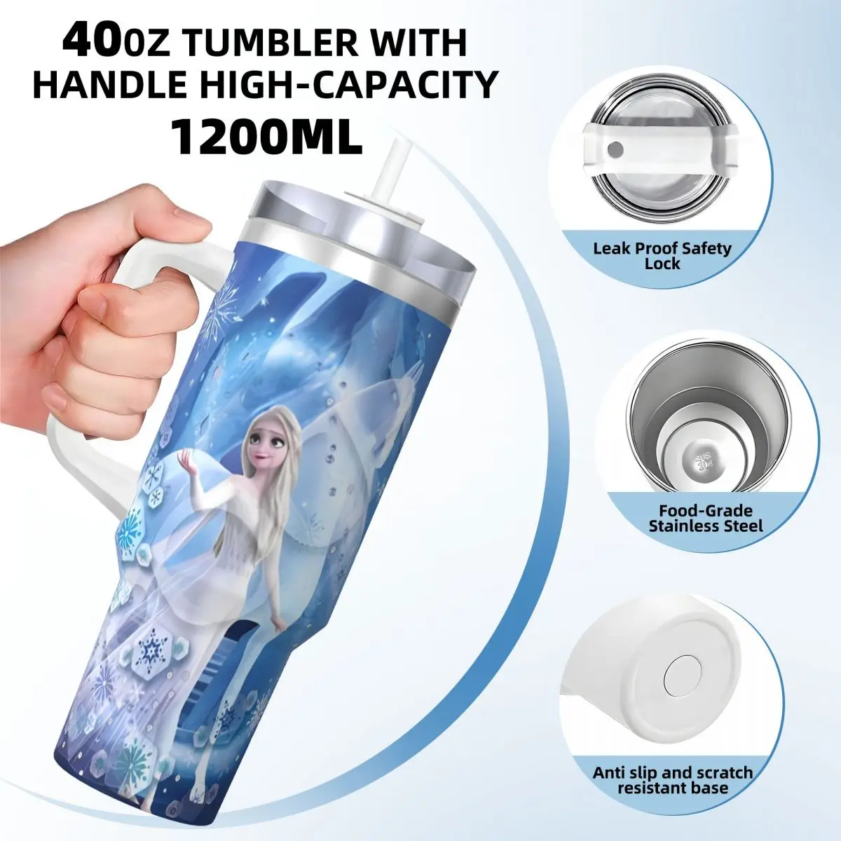 Frozen Elsa Princess Anna Stainless Steel Tumbler Camping Thermal Cups With Straws and Lid Large Car Mugs Cold Water Bottle