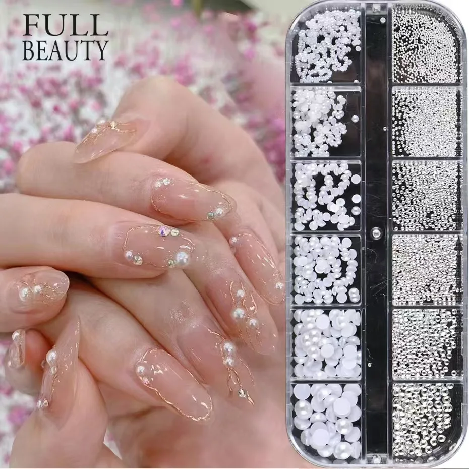 Pérolas brancas para arte em unhas, strass meio redondo, tamanho misto, pérolas meio redondas com parte traseira lisa para decoração diy, pedras de contas de unhas