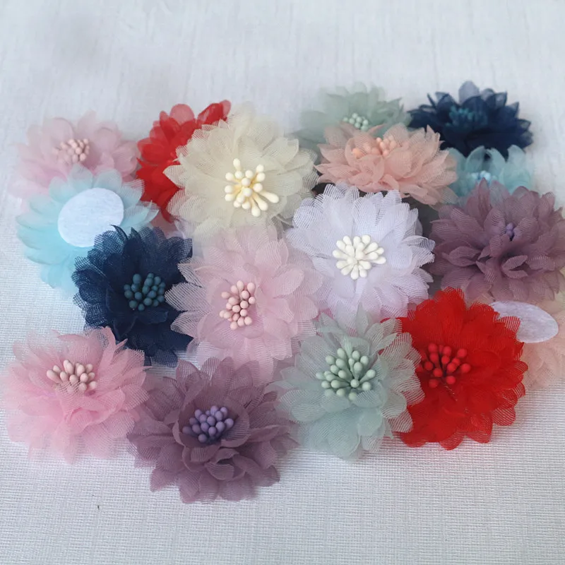 10Pcs 4CM Handmade Chiffon Fabric Cored Flowers For DIY Hair Accessories Hats Headband Wedding Dress Decoration