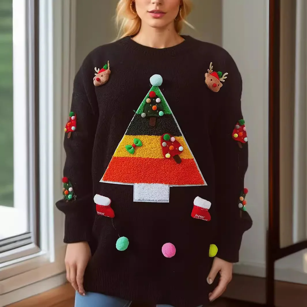 

Autumn Winter Christmas Tree Jacquard Sweaters for Women Loose Slimming Round Neck Knitted Sweater Fashion Women's Printed Tops