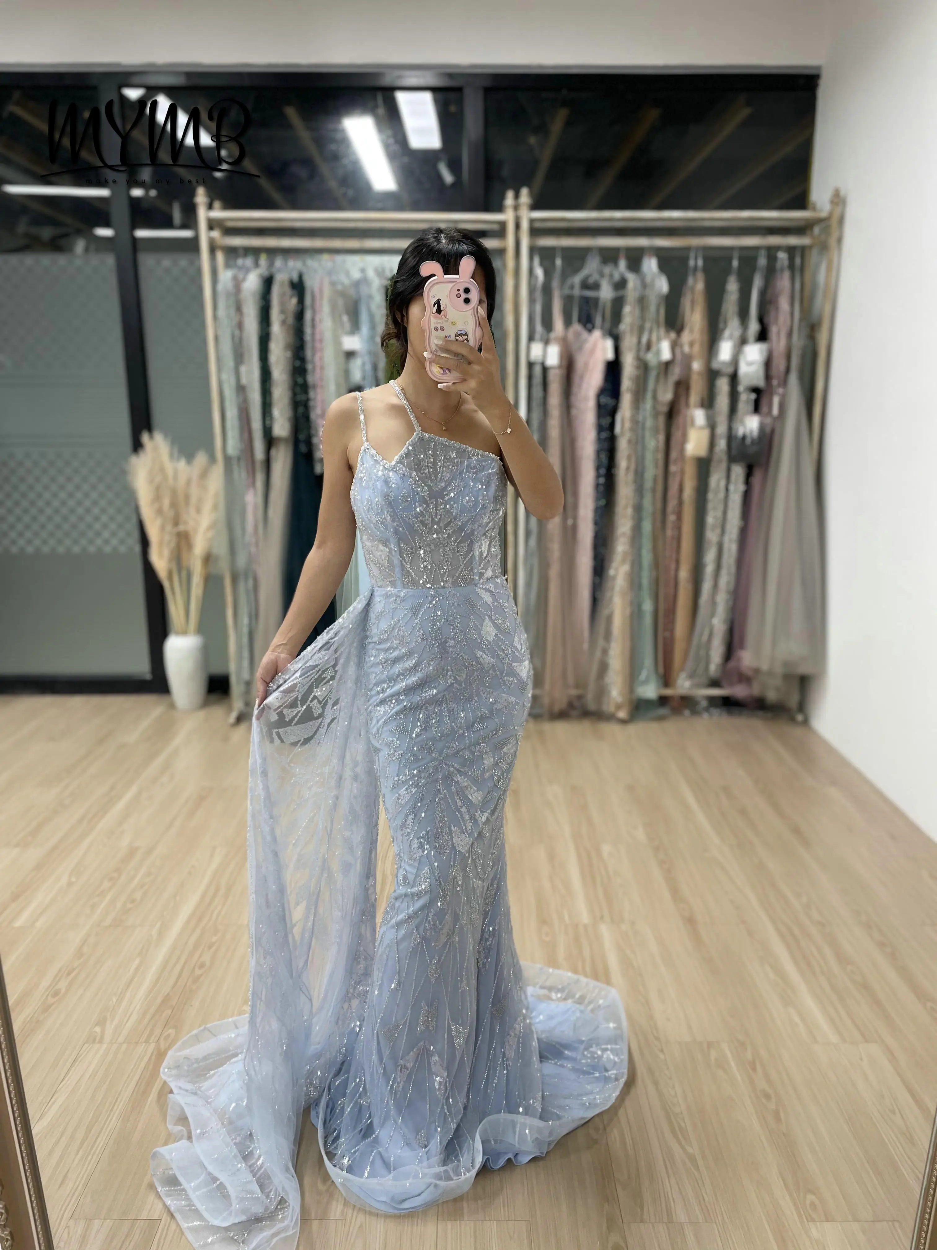 

MYMB Modern Style Women Evening Gowns Blue Beaded Sequined Mermaid Prom Couture Dress One Shoulder Sleeveless for Party MY30060