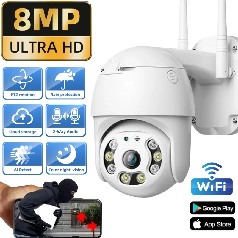 

8MP Outdoor Wifi Security Camera PTZ Surveillance Monitor Two Way Audio Color Night Vision Home Multi Function CCTV Street Cam