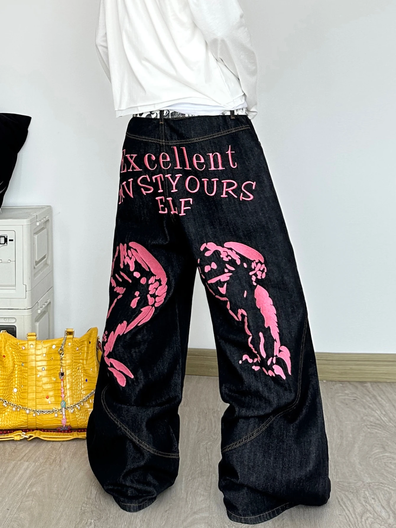 Men's Jeans Retro Y2K Streetwear Wide Pants, Cute Letter Embroidery For Boys And Girls, Casual Men's Denim Trousers, All Seasons