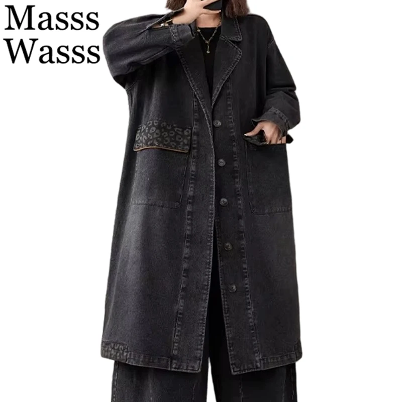 

Masss Wasss 2025 Fall Ladies Classic Oversized Leisure Printed Denim Trench Womens Fashion Loose Windbreakers Vintage Long Coats