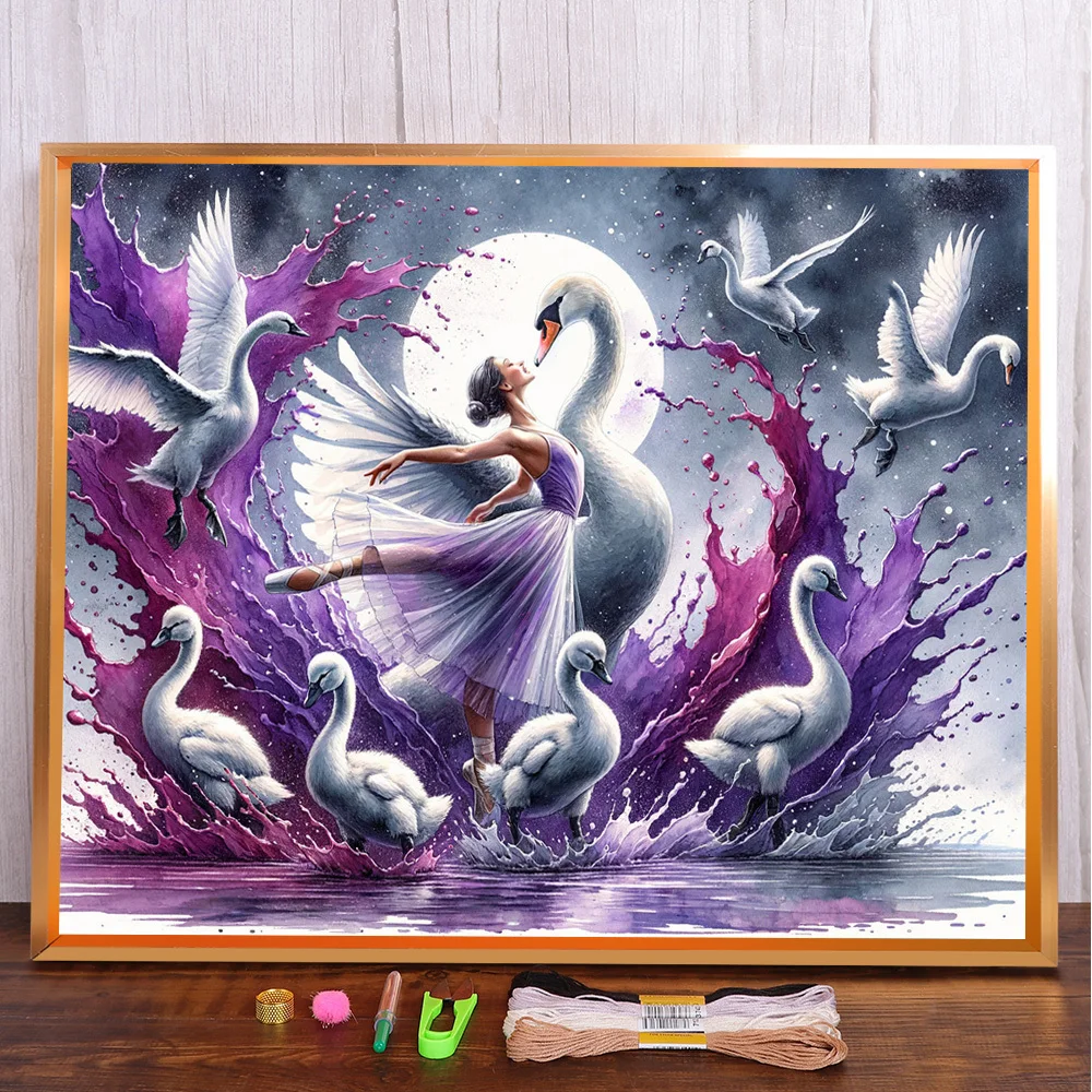 Scenery Swan Girl Pre-Printed Cross-Stitch Kit DIY Embroidery Handicraft Needlework Sewing Painting Different Home Decor Package