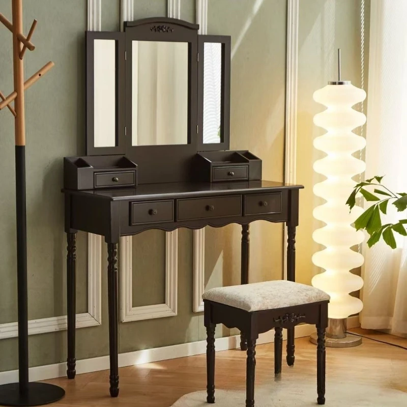Vintage dark solid wood dressing table with mirror and stool, bedroom dressing table