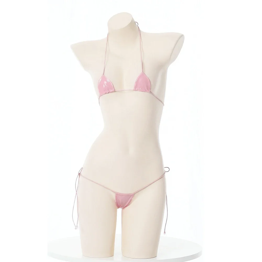 Conjunto de Sujetador de Bikini para mujer, lencería Sexy, Tanga de aspecto húmedo, cuero de charol, Halter con cordones, ropa interior de tiro bajo, conjunto de lencería femenina