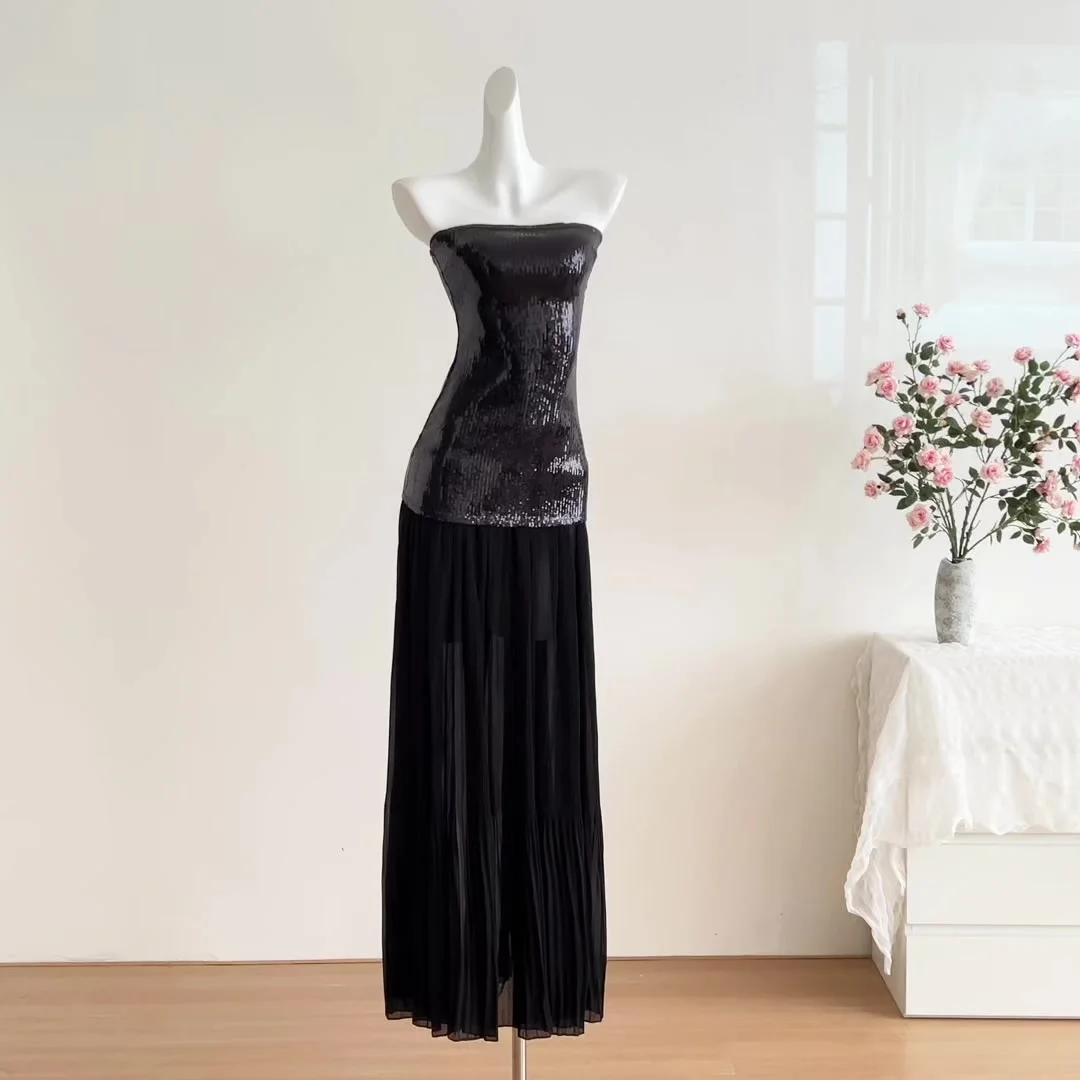 

Luxury Elegant Sexy Club Evening Party Maxi Dresses Women Summer Sleeveless Backless Long Dress Sequined Mesh Pleated Dress