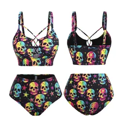 ROSEGAL-Conjunto de Bikini de talla grande para mujer, traje de baño de dos piezas con calaveras y estrellas, estilo gótico degradado, gran oferta, novedad de verano