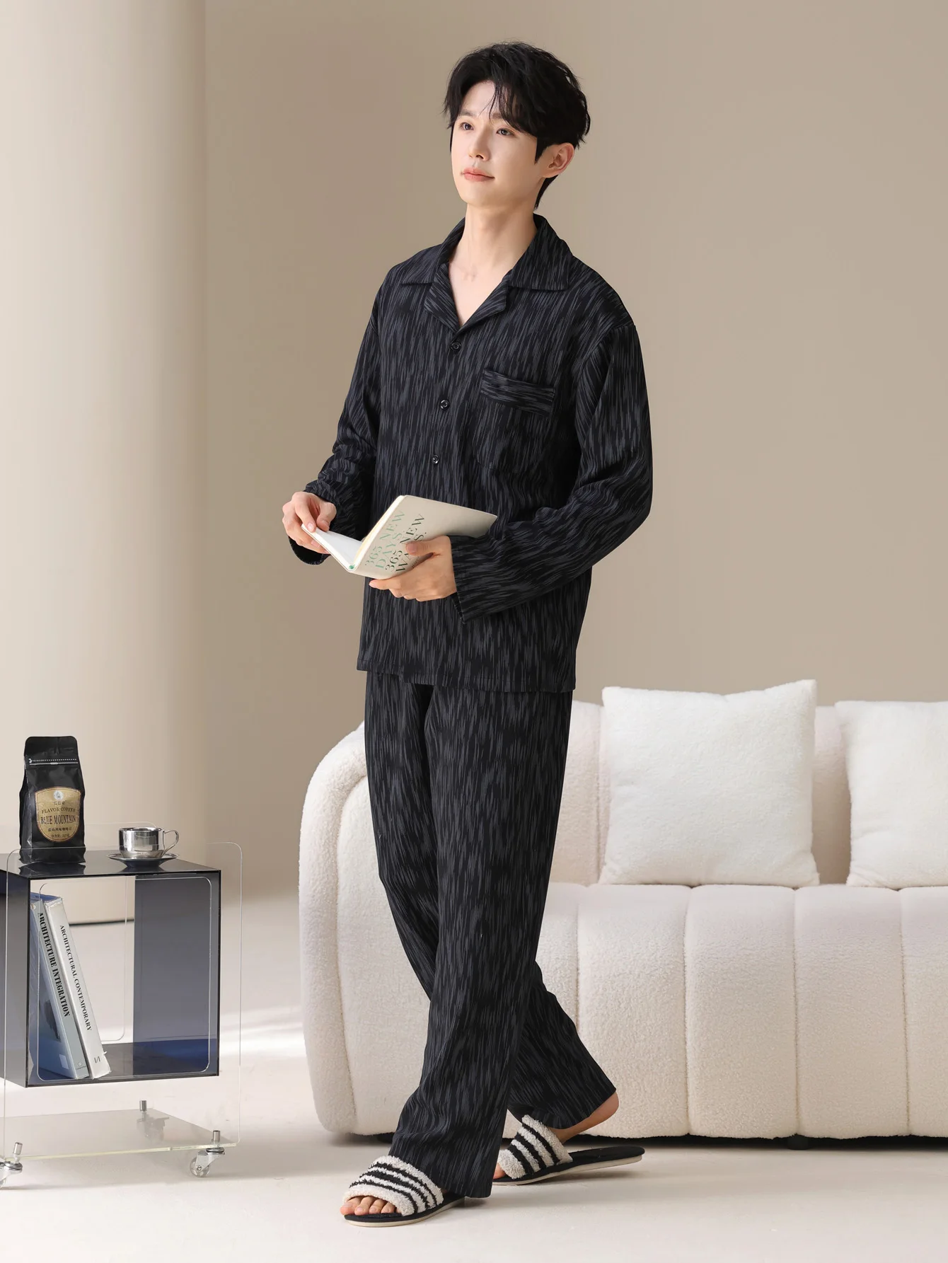 ملابس نوم رجالية 100% قطن بأكمام طويلة للفصول الأربعة مقاس كبير، طقم بدلة منزلية من القطن الخالص للمراهقين للدفء