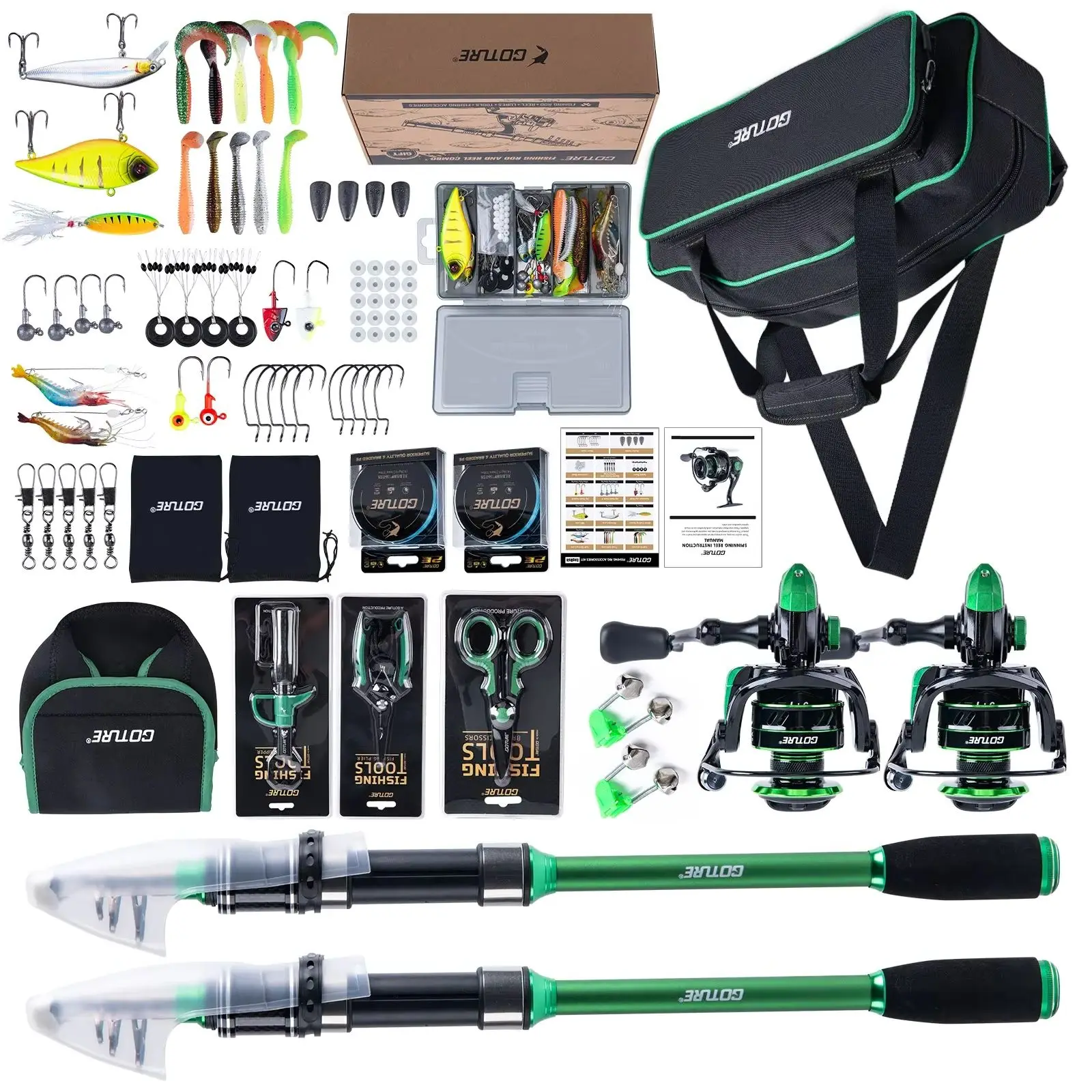 Goture 2pcs Fishing Rod and 2pcs Reel Combos Carbon Fiber Telescopic Fishing Pole with Tackle Combo Sea Saltwater Freshwater Kit
