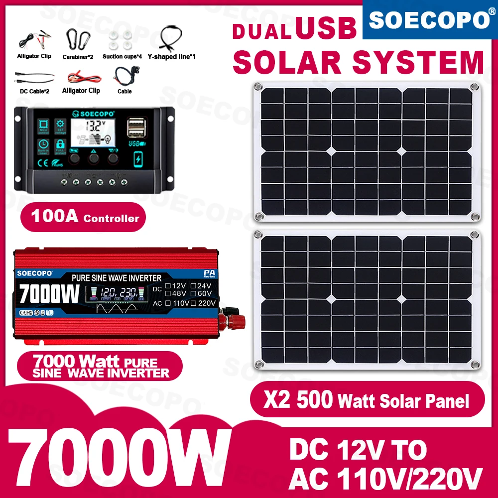 SOECOPO 7000 W tragbares Solarsystem-Kit, 12 V reiner Wellen-Wechselrichter, 2 x 500 W Photovoltaik-Panels und 100 A-Controller für Zuhause, netzunabhängig