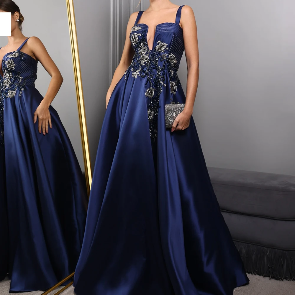 

CustomizedSquare Neck Satin Sleeveless Straight Floor Length Pleats Evening Dress Sweep Train Appliques Crystal Beading Quincean