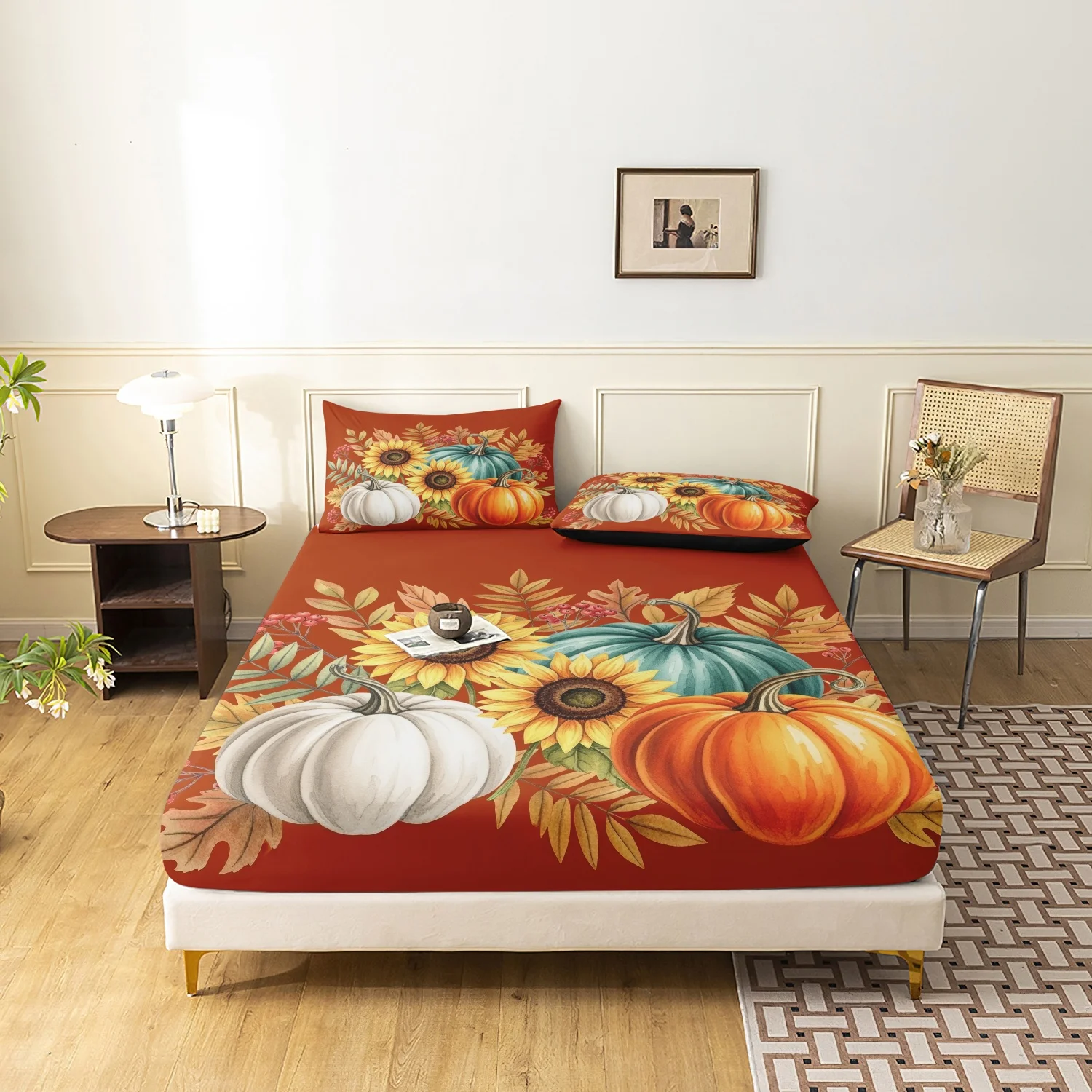 3 Pieces Fall Harvest Pumpkin Sunflower Print Fitted Sheet Set, Orange Base Autumn Leaf Berry Farmhouse Printed Bedding