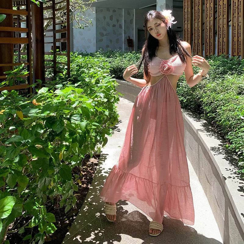 Costume da bagno bikini da donna alla moda, gonna lunga eterea sexy in 3 pezzi, abito da vacanza al mare con busto piccolo push up slim fit aperto sul retro