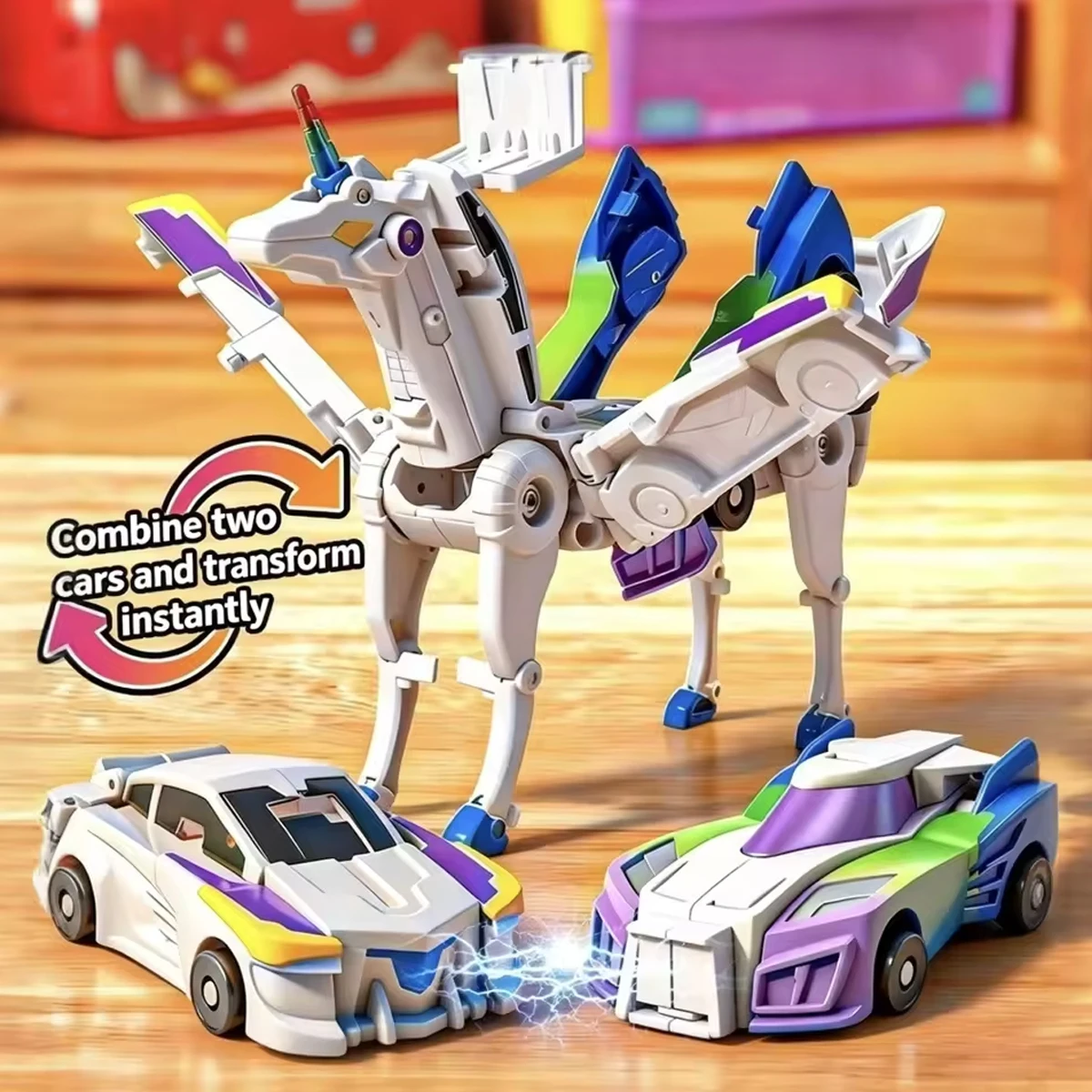Image of Neue Einhorn-Transformers: Magische Verwandlungs-Superkombinations-Auto-Spielzeuge 2-in-1 Magnetisches Kollisions-Transformationsauto für Kinder zum Selbstbau