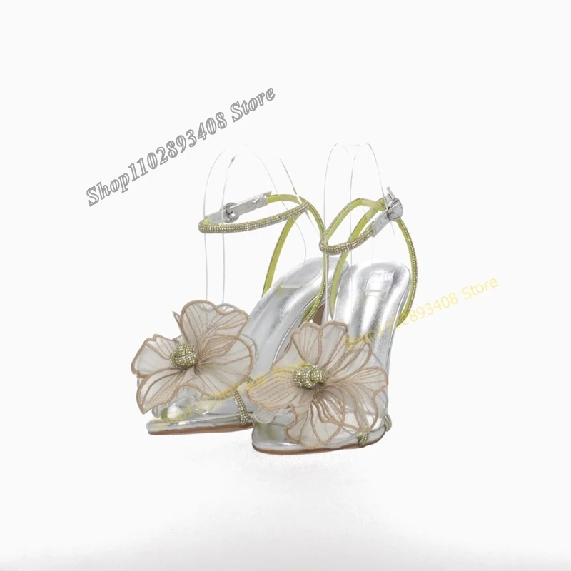 Green Color Mesh Flower Crystal Sandals Buckle Strap Metal Stilettos High Heel Women Shoes 2023 Fashion Sexy Zapatos Para Mujere