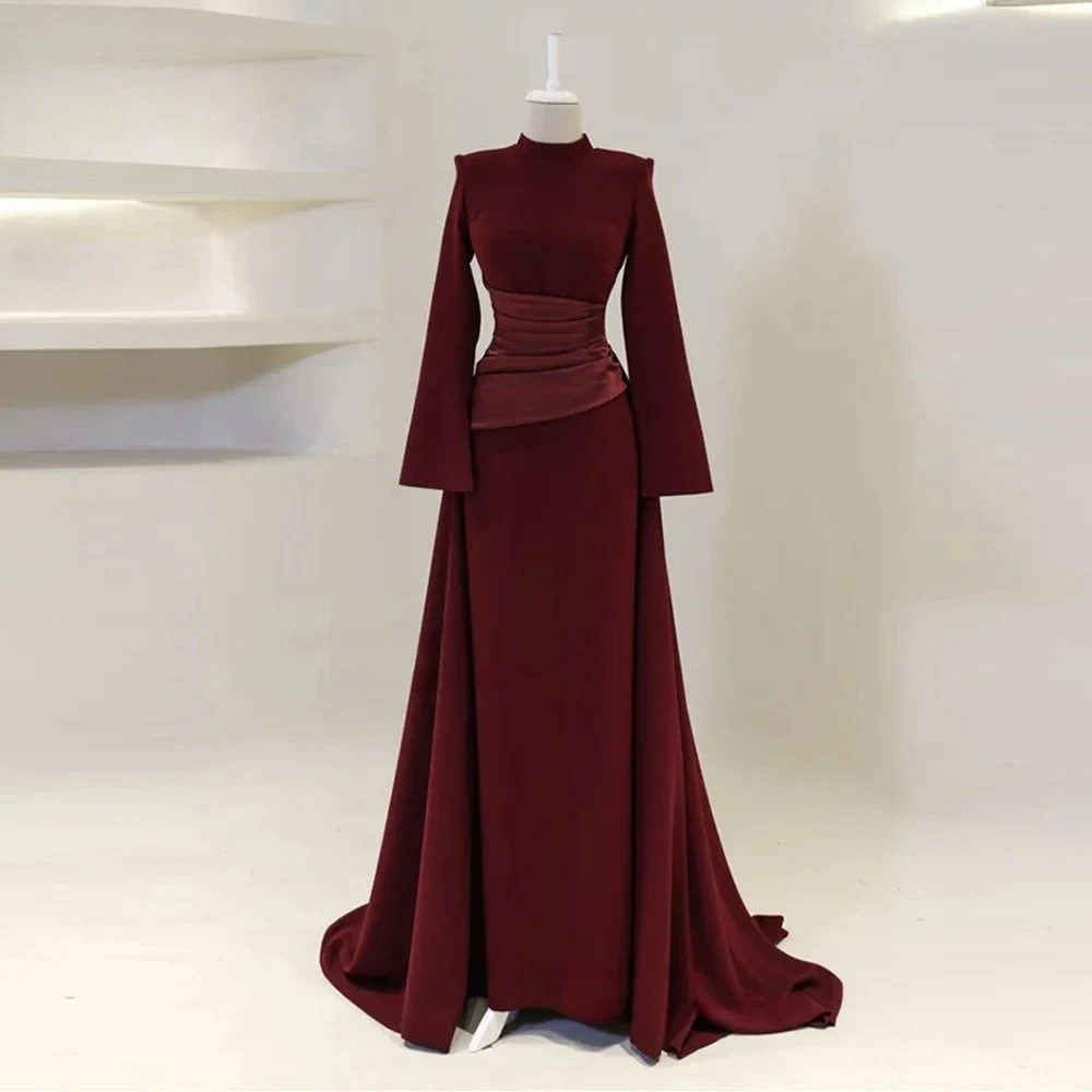 

Burgundy Evening Dress Customized High-Neck Long Sleeves Mermaid Evening Gonws Jersey Muslim Long Formal Dresses Dubai