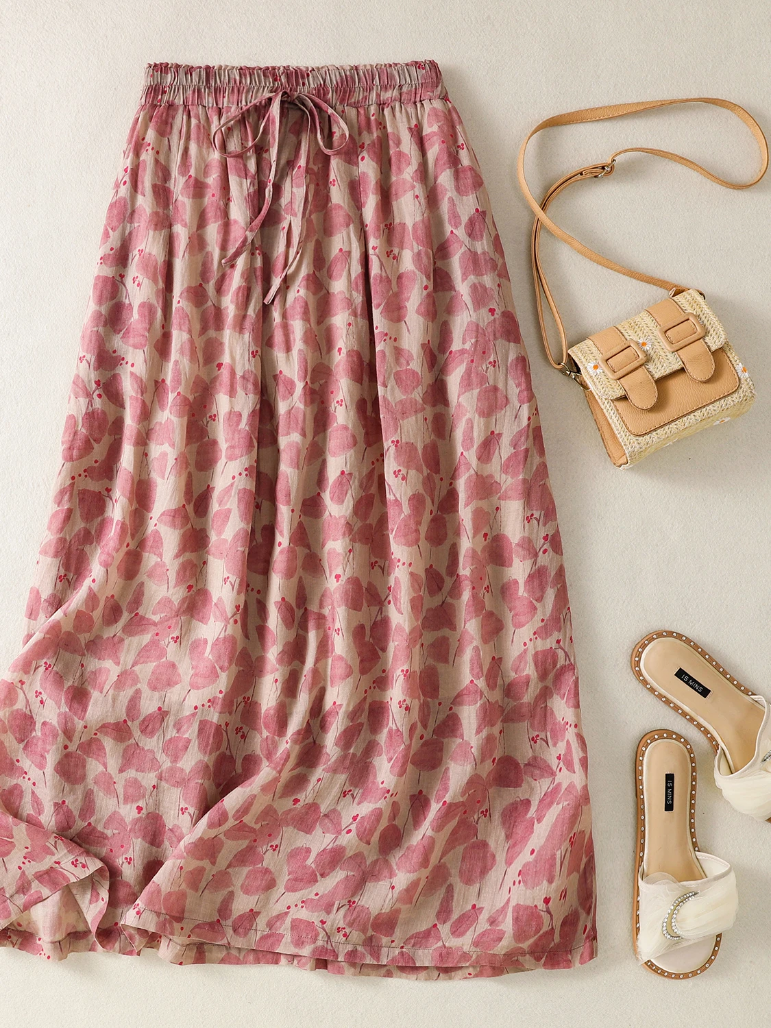 

2026 New Style Large Size Women's Floral Cotton Linen Half Skirt Lightweight A-Line Summer Skirt Comfortable Elastic Waist
