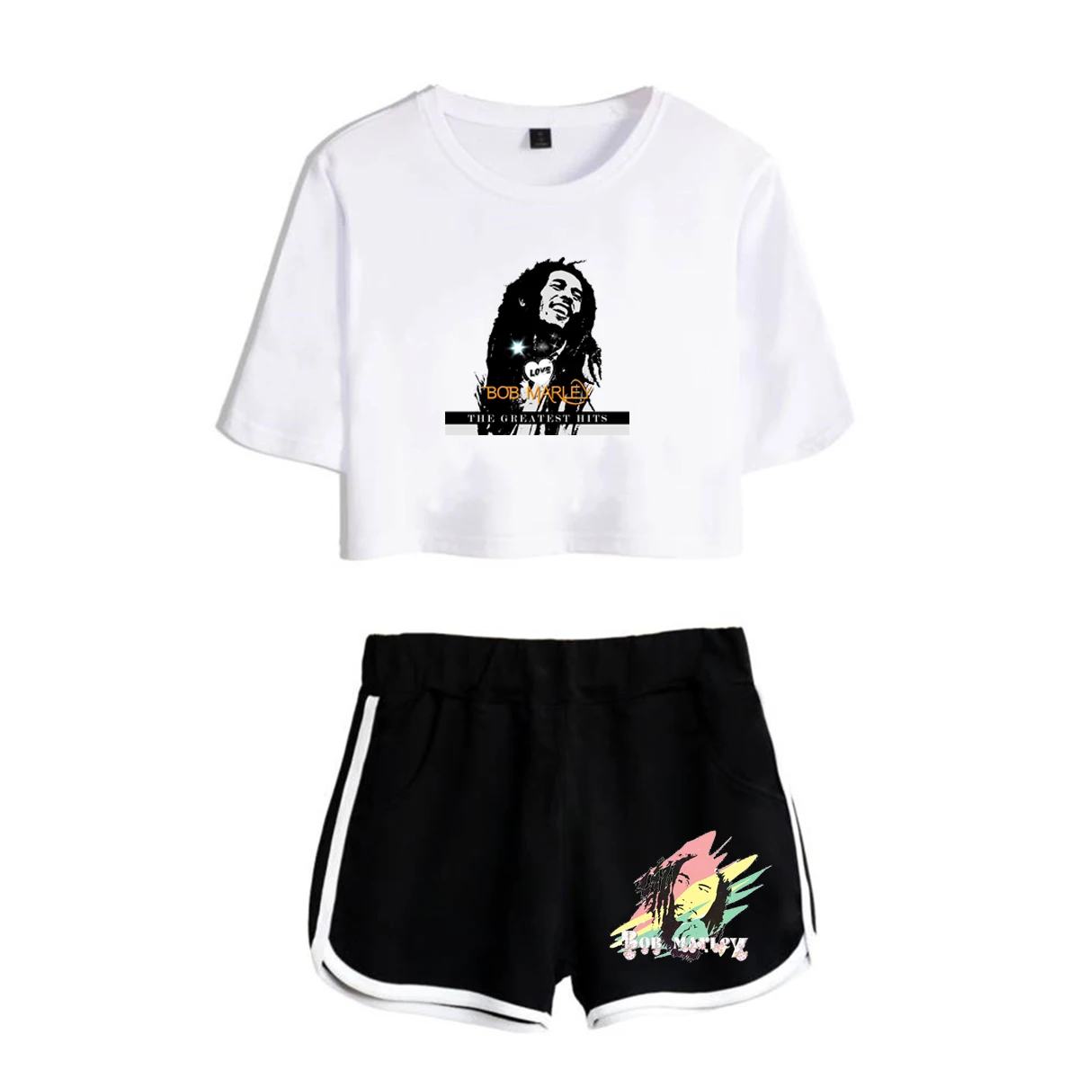 

Fashion Youthful Legendary Bob Marley Print Two Piece Set Women Sexy Shorts+lovely T-shirt Cute Dew navel Sport Girl suits