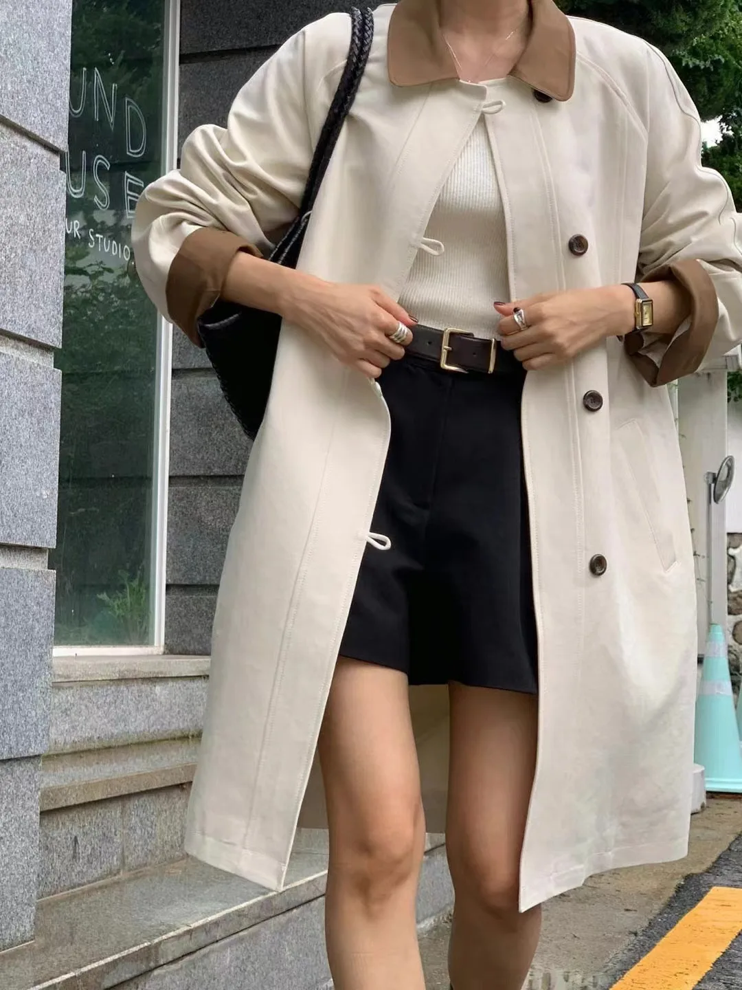 سترة واقية عالية الجودة مرقعة ملونة للنساء على الموضة الكورية معاطف واحدة الصدر أنيقة ملابس الشارع الشهير