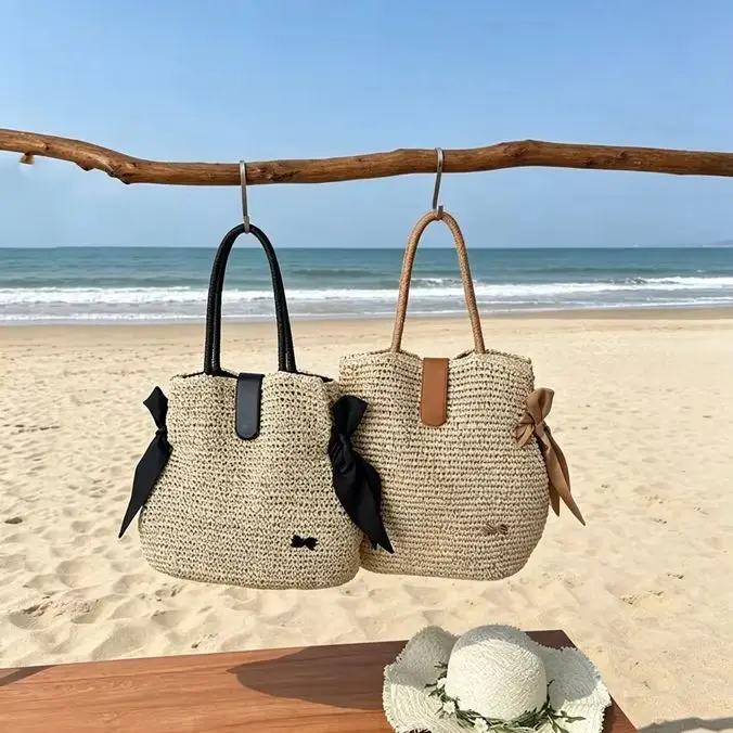 CLAREGQI  Women Handwoven Raffia Tote Bag With Silk Bow Decor Large Capacity Straw Shoulder Bag Summer Beach Vacation Shopping H