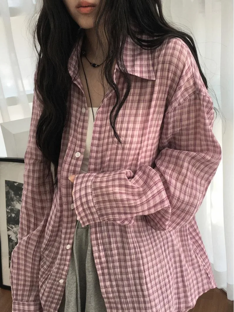 

Casual Plaid Loose Women's irt Coat Spring Early Spring Turn-down Collar Front ort Ba Long Leisure Sle Cotton Outerwear
